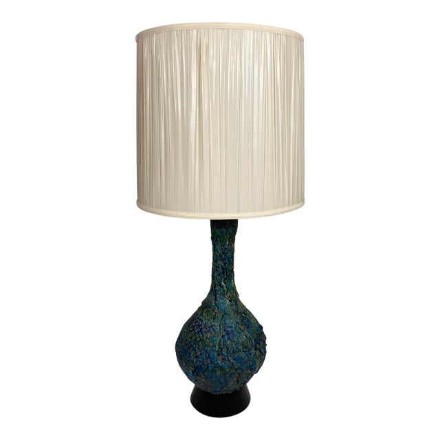 Large Mid-Century Ceramic Table Lamp Blue and Beige For Sale