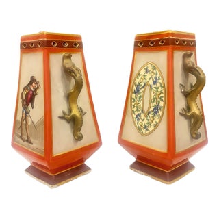 Pair Squared Tapered Vases Cachepots With Pierced Edges and Gilt Dragon Handles, Austrian, Hand Painted, 20th C For Sale