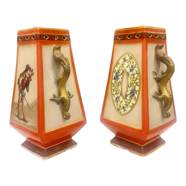 Pair Squared Tapered Vases Cachepots With Pierced Edges and Gilt Dragon Handles, Austrian, Hand Painted, 20th C For Sale