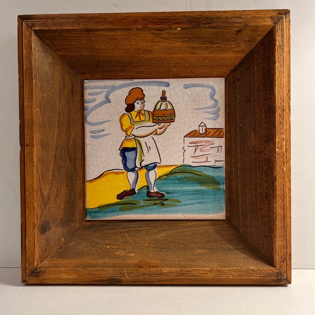 White Late 20th Century Hand Painted Spanish Folk Art Tile in Wood Frames - Set of 3 For Sale - Image 8 of 9