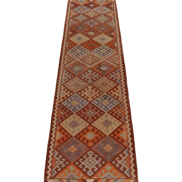 Tribal Vintage Tribal Kilim Runner in Rust Brown, Orange and Blue Geometric Patterns For Sale - Image 3 of 8