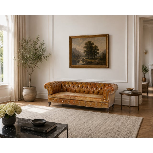 Tan Circa 1930s English Chesterfield Tufted Leather Sofa in Original Distressed Tan Leather For Sale - Image 8 of 9