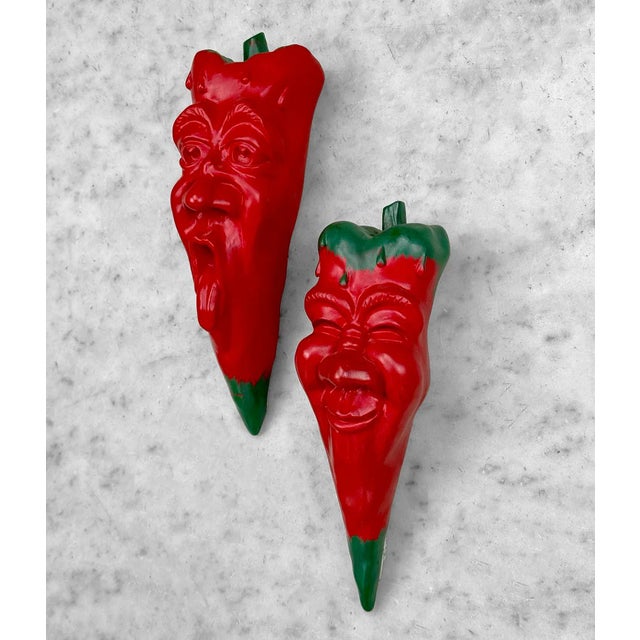 Vintage Oddity Red Chili Pepper Face Chalkware Wall Hanging Sculptures - a Pair For Sale - Image 6 of 11