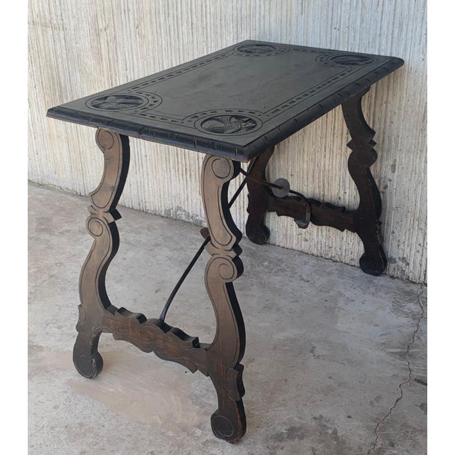 Baroque 19th Century Spanish Baroque Side Table with Carved Top & Legs & Iron Stretchers For Sale - Image 3 of 18