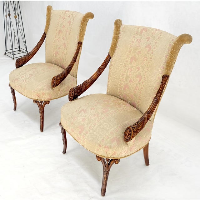 Pair of Carved Mahogany Fireside Lounge Chairs Regency Revival Style Clean! For Sale - Image 14 of 15
