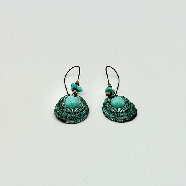 1990s Vintage Southwestern Mexican Boho Chic Faux Turquoise & Verdigris Metal Dangle Earrings - A Pair For Sale - Image 6 of 8