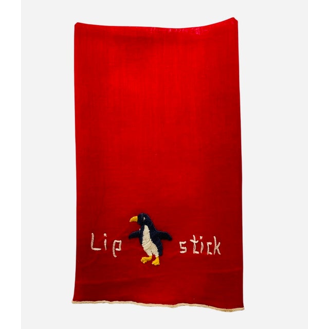 1940s Red Lipstick Towel, Embroidered With Penguin, 1940s For Sale - Image 5 of 5