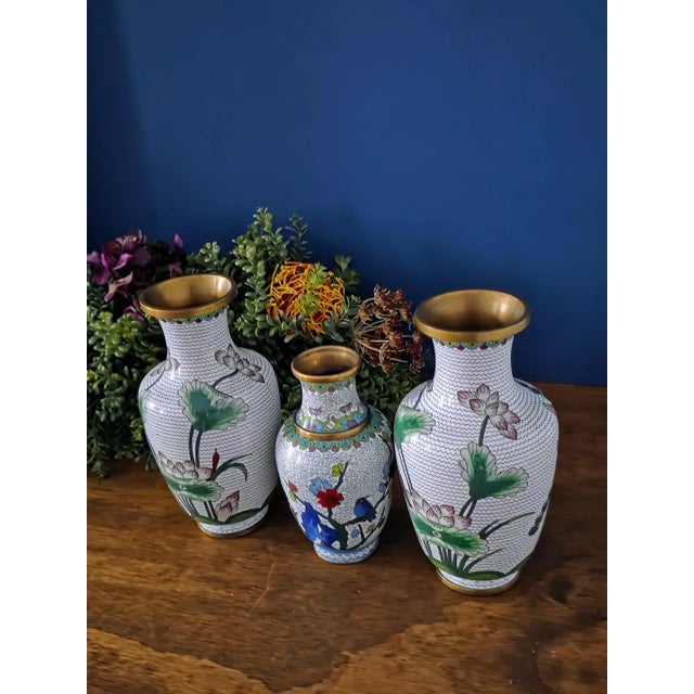 Vintage Chinese Enameled Cloisonné Vase Set For Sale - Image 9 of 18