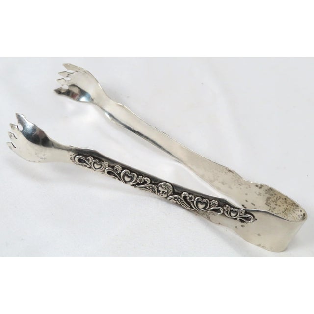 Antique Solid Sterling Silver Ice Tongs With Hearts Winged Angels For Sale - Image 4 of 13