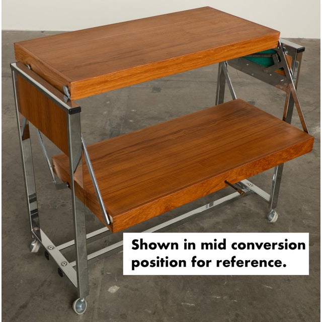 1960s Teak and Chrome Serving Bar Cart Multipurpose Convertible Breakfast Table, Desk, Work Surface For Sale - Image 11 of 18