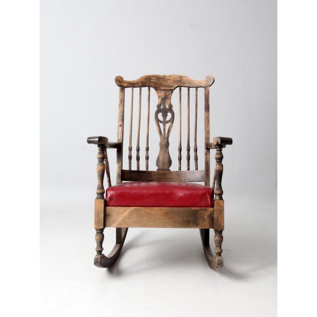 Antique Wooden Rocking Chair With Red Upholstered Seat For Sale - Image 4 of 16
