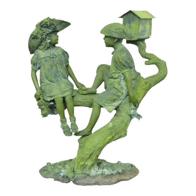 Late 20th Century Jim Davidson Large Bronze Verdigris Mailbox Garden Statue Boy and Girl on Tree For Sale