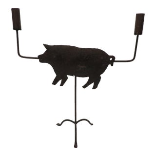 Vintage Primitive Sheet Metal Pig and Iron Candelabra For Sale