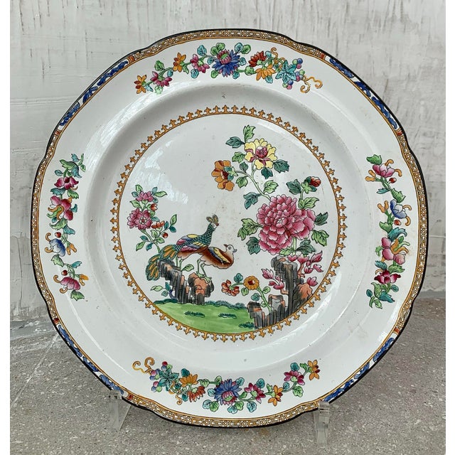 Antique Old English Copeland Spode ‘Peacock’ Chinoiserie Plate With Multicolored Birds, Botanical Flowers, & Scalloped Decorative Edge, Circa 1891 For Sale - Image 10 of 10