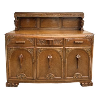 1920s Art Deco Carved Oak Sideboard Cabinet With Removable Gallery Top For Sale