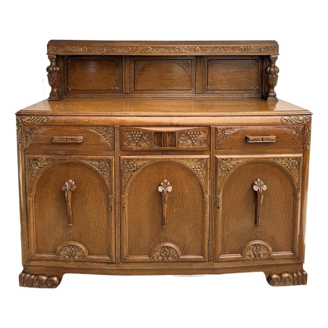 1920s Art Deco Carved Oak Sideboard Cabinet With Removable Gallery Top For Sale