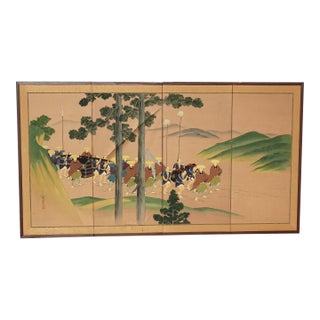Vintage Japanese Byobu Four Panel Folding Screen Picture Caravan of Men Signed For Sale