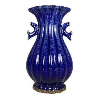Vintage Cobalt Blue Glazed Fluted Vase With Double Handles - 8.7" For Sale