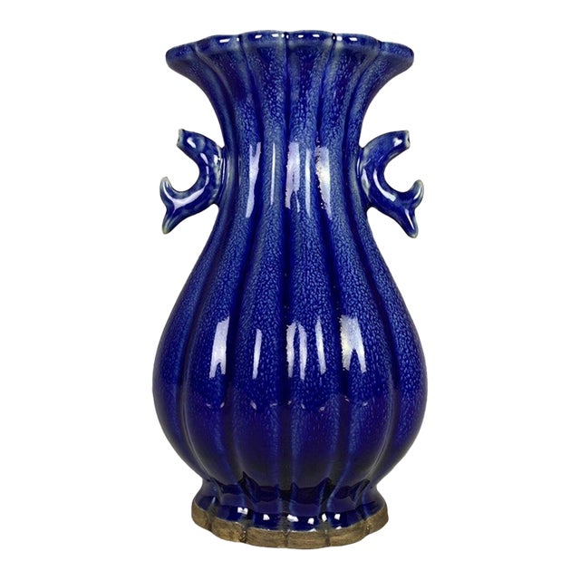 Vintage Cobalt Blue Glazed Fluted Vase With Double Handles - 8.7" For Sale