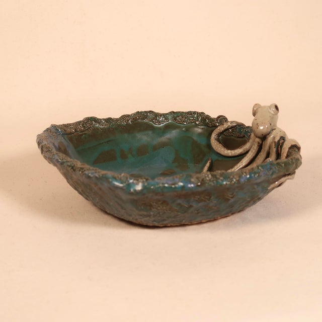 Ceramic Signed Sculptural Studio Pottery Hand-Formed Octopus Ceramic Bowl Ocean-Inspired Dish With Teal Blue Textured Glaze For Sale - Image 7 of 12