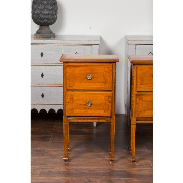 Wood Pair of 1820s Italian Neoclassical Carved Walnut Bedside Tables with Banding For Sale - Image 7 of 12