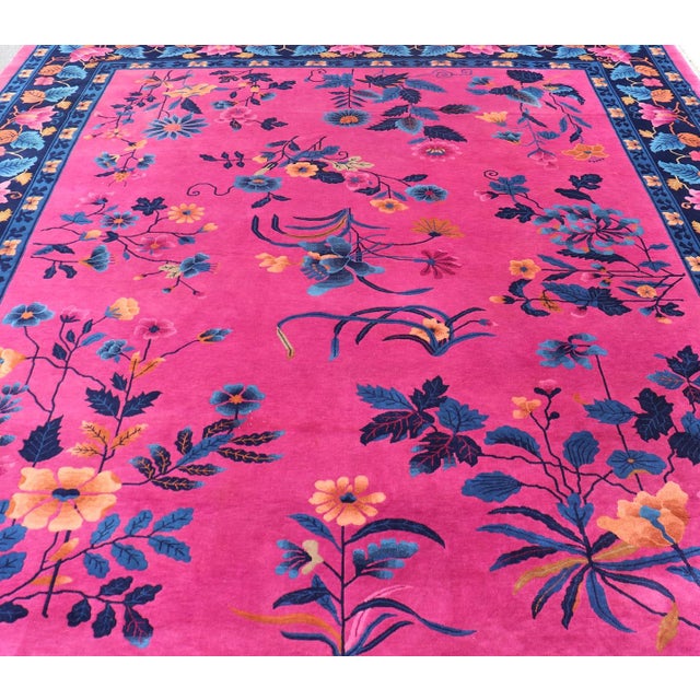Early 20th Century Magenta Background Chinese Art Deco Rug With Large Vining Flowers and Leaves 12'0 X 14'8 For Sale - Image 5 of 12