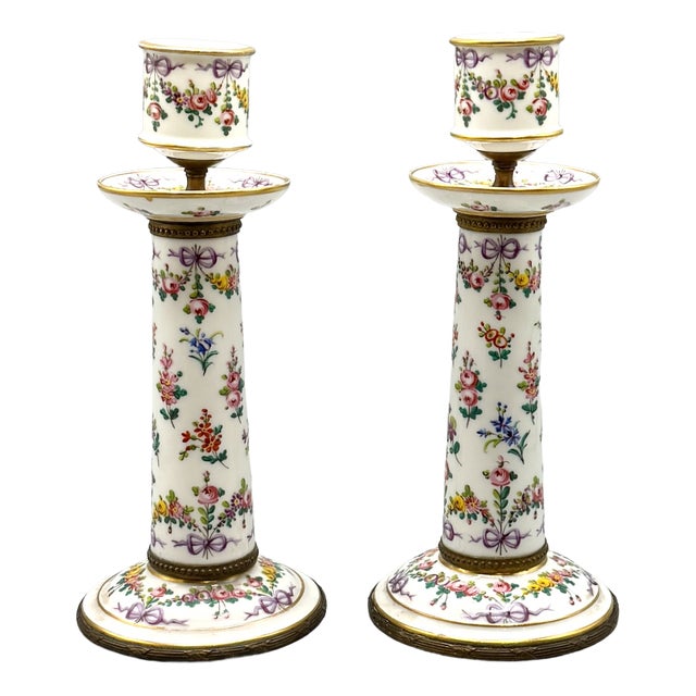 Louis XVI Revival Porcelain Candlesticks with Floral Garlands and Gilt Metal Mounts in the style of Sèvres, 1890s, Set of 2 For Sale