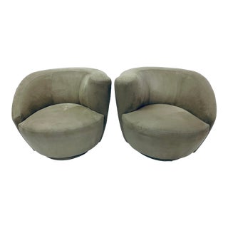 Vladimir Kagan “Nautilus” Suede Leather Swivel Chairs- a Pair For Sale