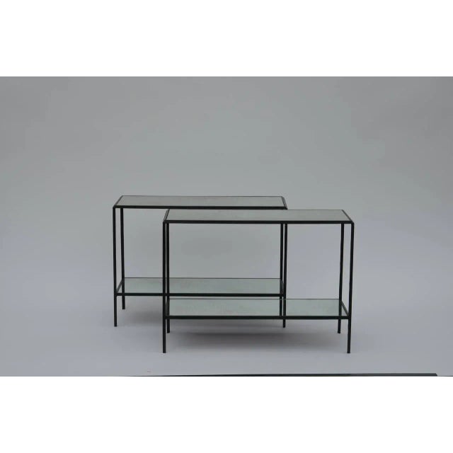 Narrow 'Rectiligne' Mirrored Wrought Iron End Tables by Design Frères