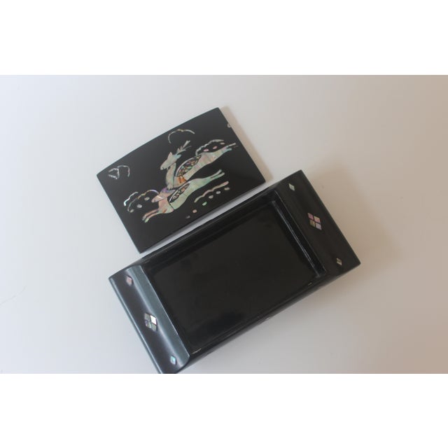 Mid 20th Century Vintage Black Lacquer and Abalone Shell Lidded Trinket Box With Mid-Century Modern Deer Inlay For Sale - Image 4 of 12