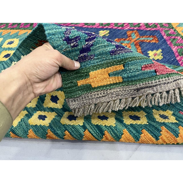 4'5" X 5'10" Green Afghan Chobi Kazak Geometric Wool Flatweave Kilim Rug For Sale - Image 14 of 16
