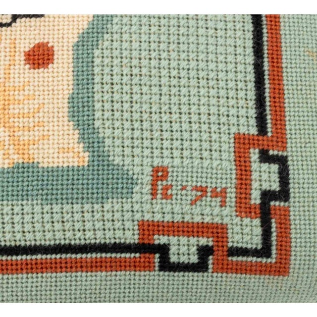 Early 20th Century Signed Spaniel Motif Needlepoint Footstool, 1974 For Sale - Image 5 of 8