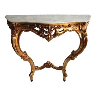 Late 19th Century Italian Rococo Style Wall Mount Giltwood Marble Console Table For Sale