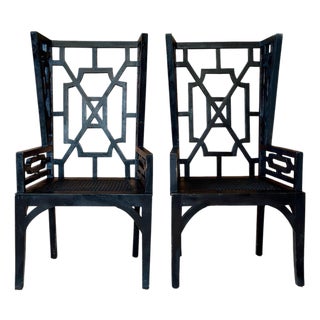 GuildMaster Chinoiserie Black Wood Geometric Fretwork High Back Armchairs – Pair For Sale