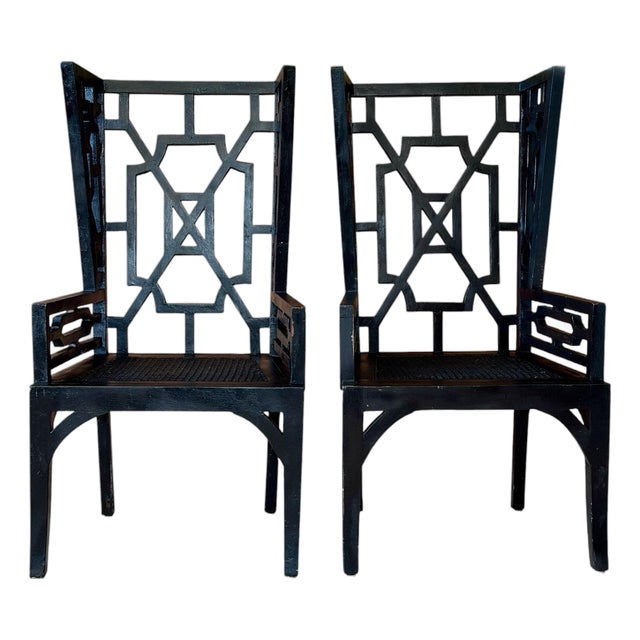 GuildMaster Chinoiserie Black Wood Geometric Fretwork High Back Armchairs – Pair For Sale