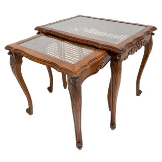 Vintage Nesting Tables with Cane and Glass Top, Set of 2 For Sale
