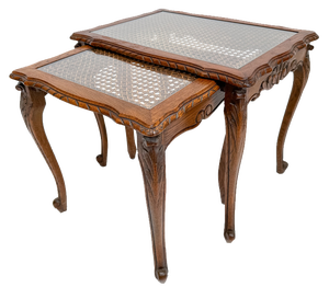 Vintage Nesting Tables with Cane and Glass Top, Set of 2