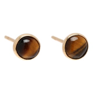 Tiger's Eye Bezel Studs Earrings, 14k Yellow Gold, Length 4.9 Mm For Sale
