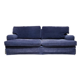 Mid 20th Century Baker Furniture Large Sofa Upholstered in Designer Blue Herringbone Fabric For Sale