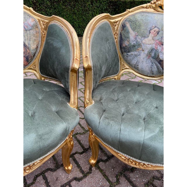 Wood 1950's Louis XVI Living Room Set Green Velvet - 3 Pieces For Sale - Image 7 of 13