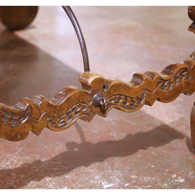 19th C. Spanish Walnut Single Plank Top Side Table Desk With Carved Lyre Legs For Sale In Dallas - Image 6 of 11