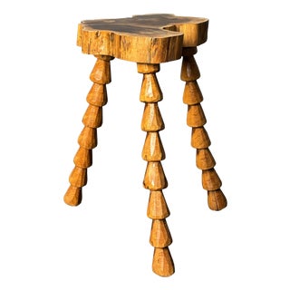 Mid-Century Brutalist French Artisanal Handmade Wood Turned Tripod Stool, 1960s For Sale