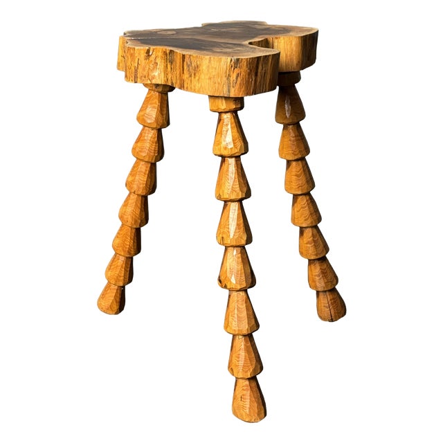 Mid-Century Brutalist French Artisanal Handmade Wood Turned Tripod Stool, 1960s For Sale