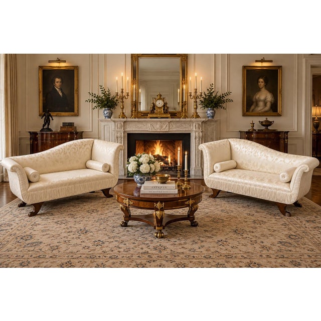 A pair of Biedermeier style chaise lounges upholstered in a cream patterned fabric featuring asymmetrical curved backs,...