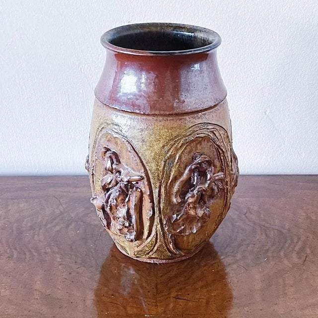Mid-Century Hand Thrown Ceramic Pottery Vase in Stunning Brutalist Relief Design in Brown and Ochre Glaze, signed SM...