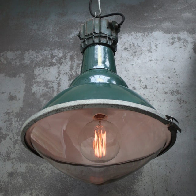 Industrial Vintage Industrial French Green Cast Iron and Clear Domed Glass Pendant Lamps by Sammode For Sale - Image 3 of 7
