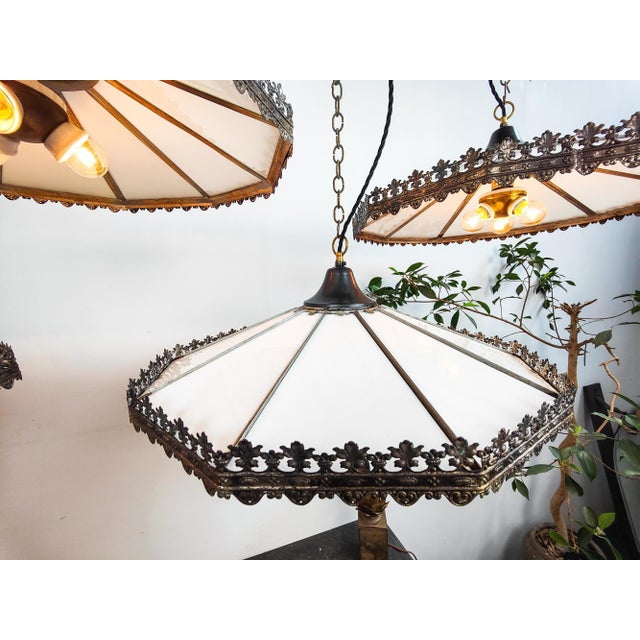 Metal Antique Dutch Opaline Electrified Church Pendant Light For Sale - Image 7 of 9