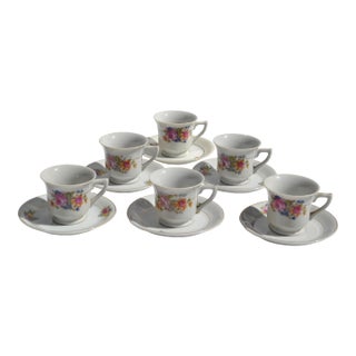 Vintage Japanese Porcelain Espresso Set Floral Motifs & Gold Leaf Decor - 12 Pieces For Sale