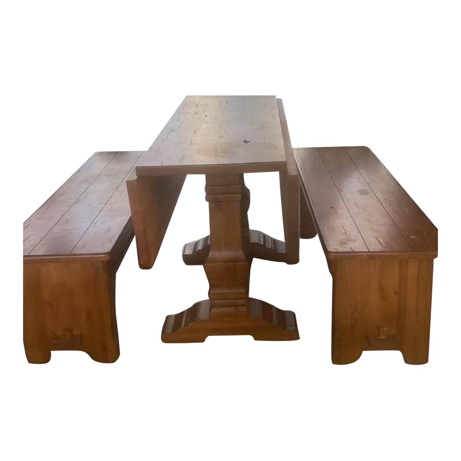 Farmhouse Solid Wood Table and Benches - Set of 3 | Chairish