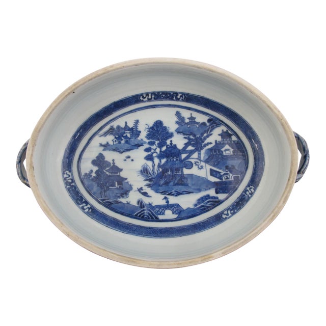 Chinese Export Canton Blue Nanking Village Armorial Porcelain Serving Bowl For Sale